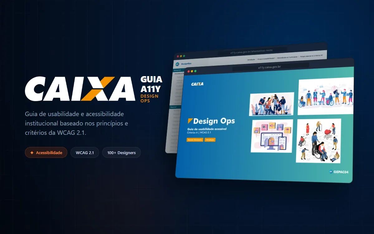 Capa do Guia A11y CAIXA: logo da CAIXA e telas do guia com ilustrações de pessoas com e sem deficiência